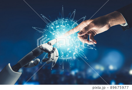 Futuristic AI thinking of droid robot artificial intelligence concept 89675977