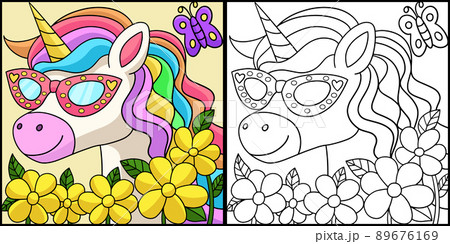 Unicorn Wearing Sunglasses Coloring Illustration 89676169