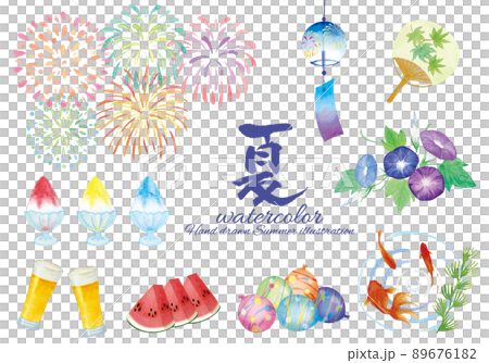 夏の水彩画イラスト素材セット 夏の水彩画イラスト素材セット 89676182