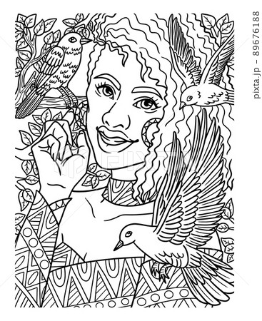 Afro American Woman With Bird Adult Coloring Page  89676188