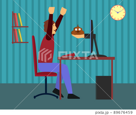 Hand holding poop. She is from a computer monitor screen. The concept of deception, fraud and false information on the Internet. Vector illustration on white background. 89676459