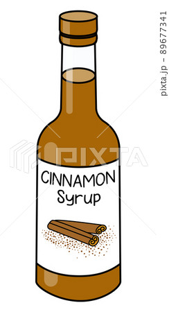 Doodle cartoon style cinnamon syrup in a bottle. Sweet sugar breakfast pancake topping or cocktail ingredient. For card, stickers, posters, bar menu or cook book recipe 89677341