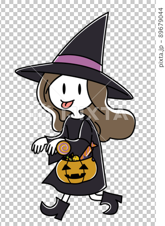 Illustration of a witch taking a ghost pose with a basket of pumpkins containing sweets (whole body) Illustration of a witch taking a ghost pose with a basket of pumpkins containing sweets (whole body) 89679044