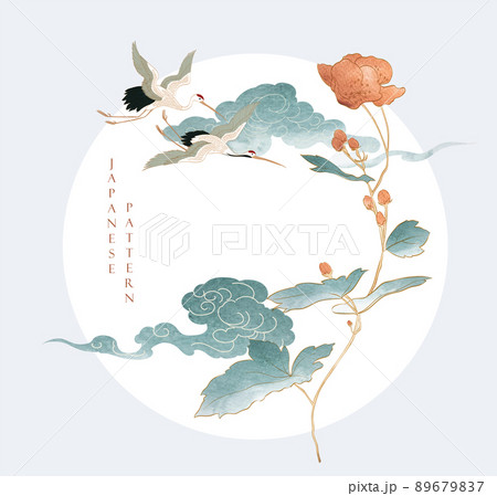 Japanese background with watercolor texture vector. Flower and chinese cloud decorations in vintage style. Abstract art landscape card design. Circle shape with crane birds element. 89679837
