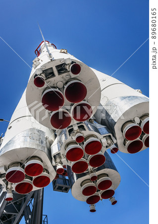 aunch vehicle with large metal nozzles on the launch pad bottom view 89680165
