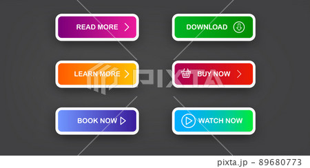 Vector Modern material style buttons set isolated on grey background. Read more, buy now, download, book now, watch now buttons collection with gradient colors and icons with shadows. 89680773