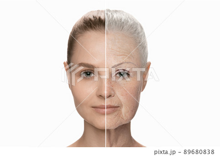 Comparison. Portrait of beautiful woman with young smooth and old wrinkled skin. Process of aging and rejuvenation 89680838