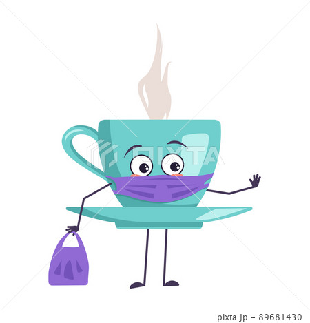 Cute cup of tea character with emotions, face and mask keep distance, hands with shopping bag and stop gesture. A sad hero, a mug with a saucer and eyes for a cafe. Vector flat illustration 89681430