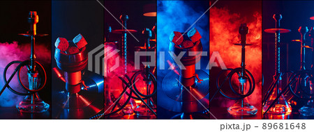 Collage of many different hookahs shisha with smoke and coals with neon light 89681648