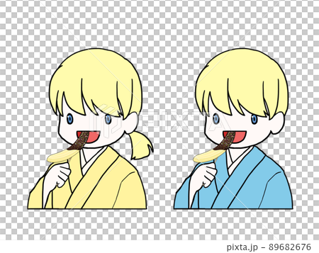 Illustration of white men and women (upper body) in yukata eating chocolate banana 89682676