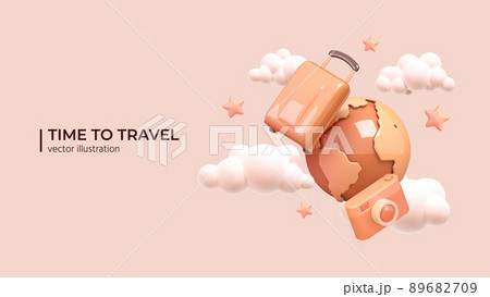 Luggage, planet and photo camera with clouds and stars around. Luggage, planet and photo camera with clouds and stars around. 89682709
