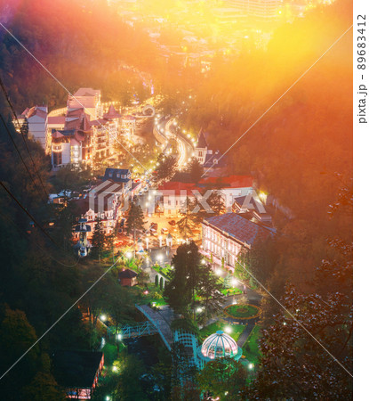 Borjomi, Samtskhe-Javakheti, Georgia. Aerial View Borjomi Cityscape And Central Park In Autumn October Evening Night In Night Illuminations Lights Lighting 89683412