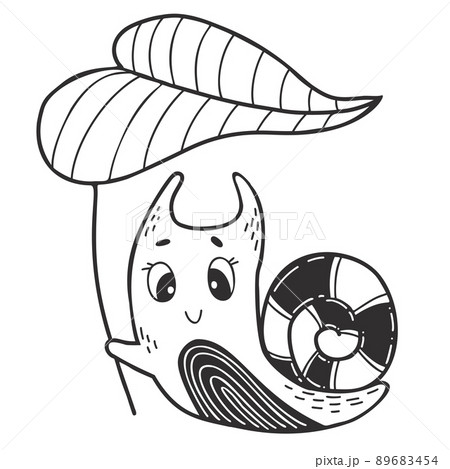 Cute decorative little snail under leaf of plant. Linear hand drawn doodle. Funny mollusk-snail. Vector illustration. Cute decorative little snail under leaf of plant. Linear hand drawn doodle. Funny mollusk-snail. Vector illustration. 89683454