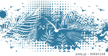 Seagull abstraction, palm leaves on a blue blot. Vector illustration 89684108
