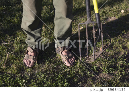 Man with rakes and pitchforks on background of garden 89684135