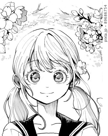 セーラー服おさげ髪の女の子のモノクロイラスト 正面向き笑顔 桜背景版のイラスト素材
