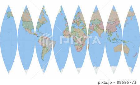 舟型多円錐図法による地球儀展開図8分割 89686773