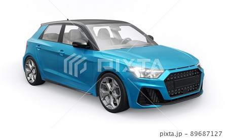 Compact urban premium car in a blue hatchback on a white isolated background. 3d illustration 89687127