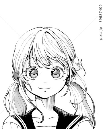セーラー服おさげ髪の女の子のモノクロイラスト、正面向き笑顔、背景なし版 セーラー服おさげ髪の女の子のモノクロイラスト、正面向き笑顔、背景なし版 89687409