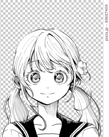 セーラー服おさげ髪の女の子のモノクロイラスト、正面向き笑顔、背景なし版 セーラー服おさげ髪の女の子のモノクロイラスト、正面向き笑顔、背景なし版 89687409
