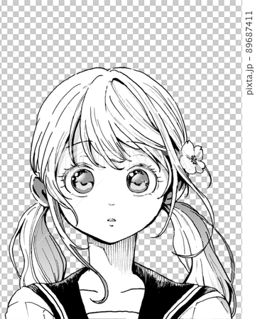 セーラー服おさげ髪の女の子のモノクロイラスト、正面向ききょとん顔、背景なし版 89687411