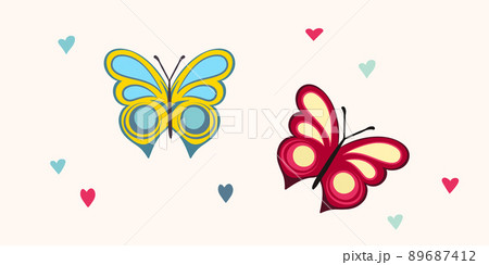Funny colorful butterfly. Color flat vector set of detailed butterflies. Cute characters. Card, postcards for kids. Silhouette icon 89687412