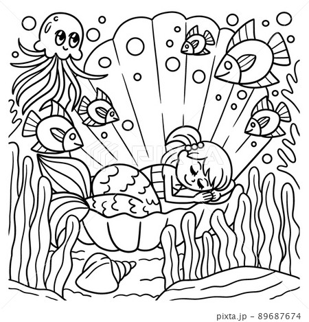 Sleeping Mermaid In A Shell Coloring Page For Kidsのイラスト素材