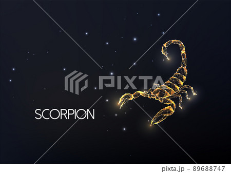 Gold scorpion made of lines, dots, circles and polygons isolated on black background. 89688747