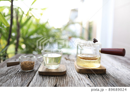 Lotus pollen tea in clear glass cup Lotus pollen tea in clear glass cup 89689024