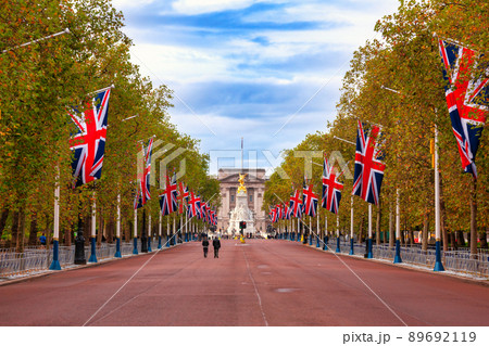 The Mall decorated with Union Jack flags London UK 89692119