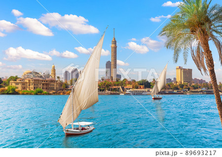 Feluccas in the Nile in front of the Tower of Cairo, Egypt 89693217