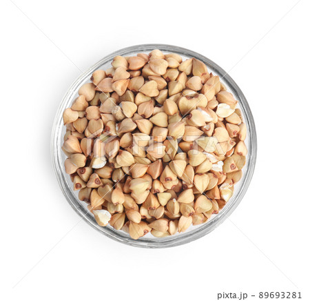 Green buckwheat in bowl isolated on white, top view 89693281