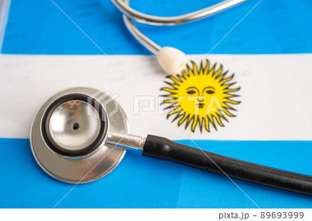Black stethoscope on Argentina flag background, Business and finance concept. 89693999
