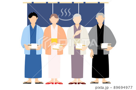 温泉旅行、浴衣姿で木桶を持つ家族 温泉旅行、浴衣姿で木桶を持つ家族 89694977