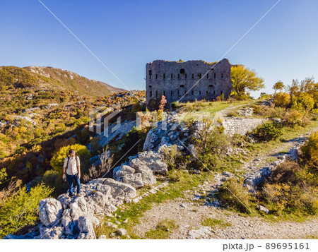 Collapsing tower of fortress Kosmac. Ancient Austro-Hungarian fortress built as a defensive structure and an observation post. Montenego 89695161