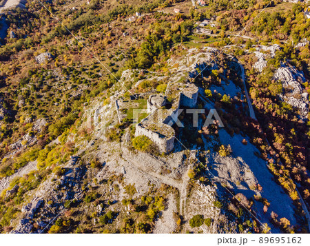 Collapsing tower of fortress Kosmac. Ancient Austro-Hungarian fortress built as a defensive structure and an observation post. Montenego 89695162
