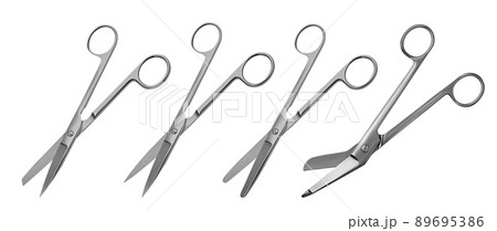 Set of surgical articulated scissors with various blade shapes and different purposes. Vector illustration Set of surgical articulated scissors with various blade shapes and different purposes. Vector illustration 89695386