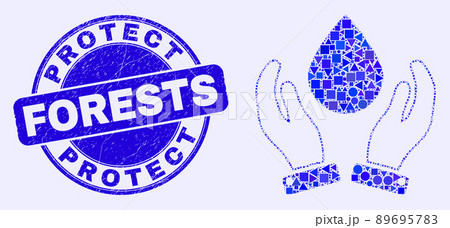 Blue Scratched Protect Forests Stamp Seal and Water Drop Care Hands Mosaic 89695783