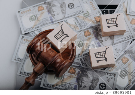Judge gavel, money and transport boxes. Top view. Shipping law Judge gavel, money and transport boxes. Top view. Shipping law 89695901