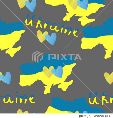 Seamless pattern with silhouette of Ukraine and blue-yellow hearts. Vector graphics 89696383