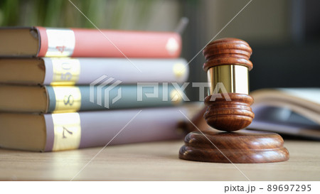 Justice law judicial gavel and court decision closeup 89697295