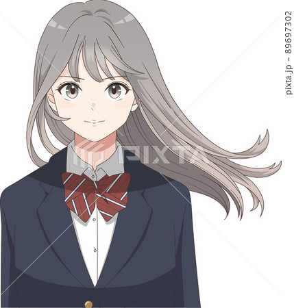 髪が風になびく女子学生　向上心　やる気　ブレザーリボン　ロングヘア 89697302