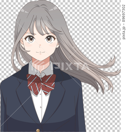 髪が風になびく女子学生　向上心　やる気　ブレザーリボン　ロングヘア 89697302