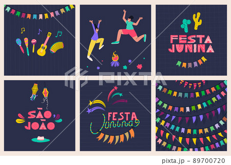 Set of designs for postcards and posters for the celebration of feast of St. John. Text in portuguese São João - Saint John, festa junina - june party. Vector illustration. 89700720