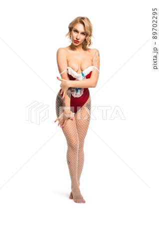 Slim seductive woman undress red Snow Maiden costume Slim seductive woman undress red Snow Maiden costume 89702295