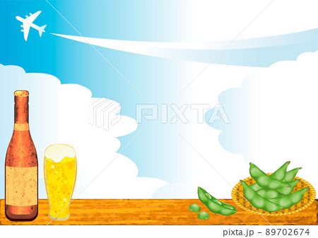フレーム 夏 ビール グラス 枝豆 飛行機 青空 雲 コピースペース 背景 枠 水彩 イラスト素材のイラスト素材