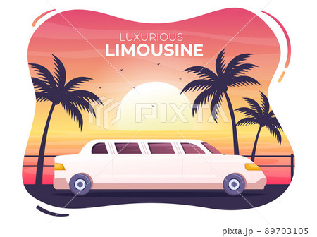 Limousine Car with Sunset or Sunrise Views on the Beach in Flat Cartoon Illustration 89703105