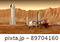 Martian rover drives across the rocky surface, observing the colonists base inside of the crater. 4K footage 89704160