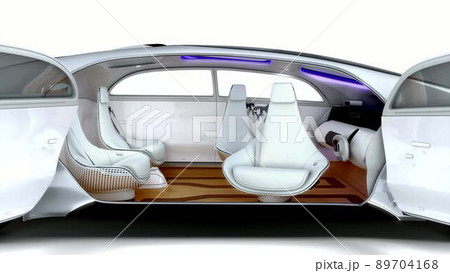 The driverless car opens its doors, transforming the cabin. The driverless car opens its doors, transforming the cabin. 89704168