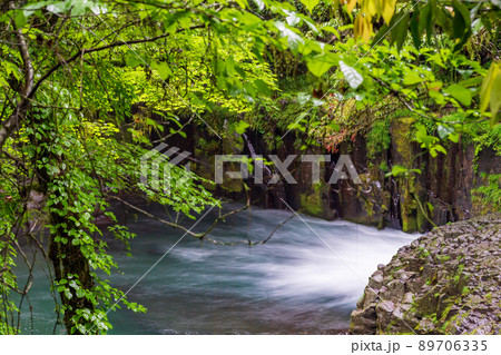 初夏の雨の中に流れる清流菊池渓谷の滝の美しい風景 89706335